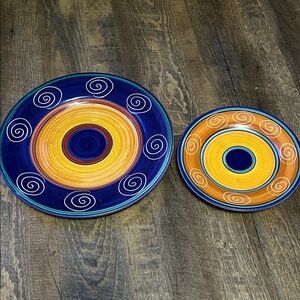 Pier 1 Italian Swirl Dinner Plate Hand Painted Cobalt Orange 11.5" / Salad Plate
